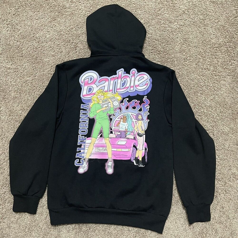 NEW Barbie Hoodie Womens Small Black Sweater Mattel California Vibes Barbicore